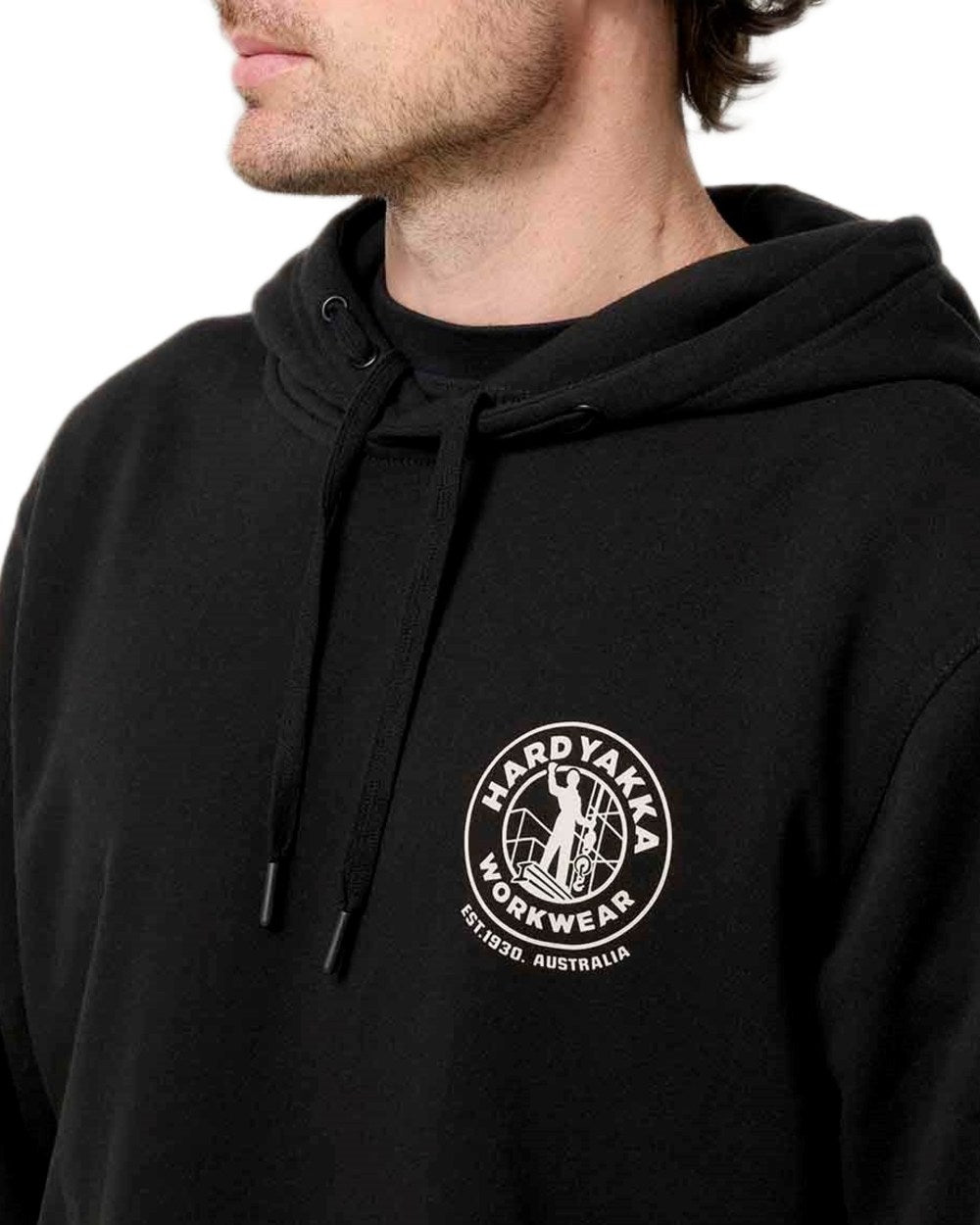 Black coloured Hard Yakka Mens Heritage Icon Hoodie on white background 