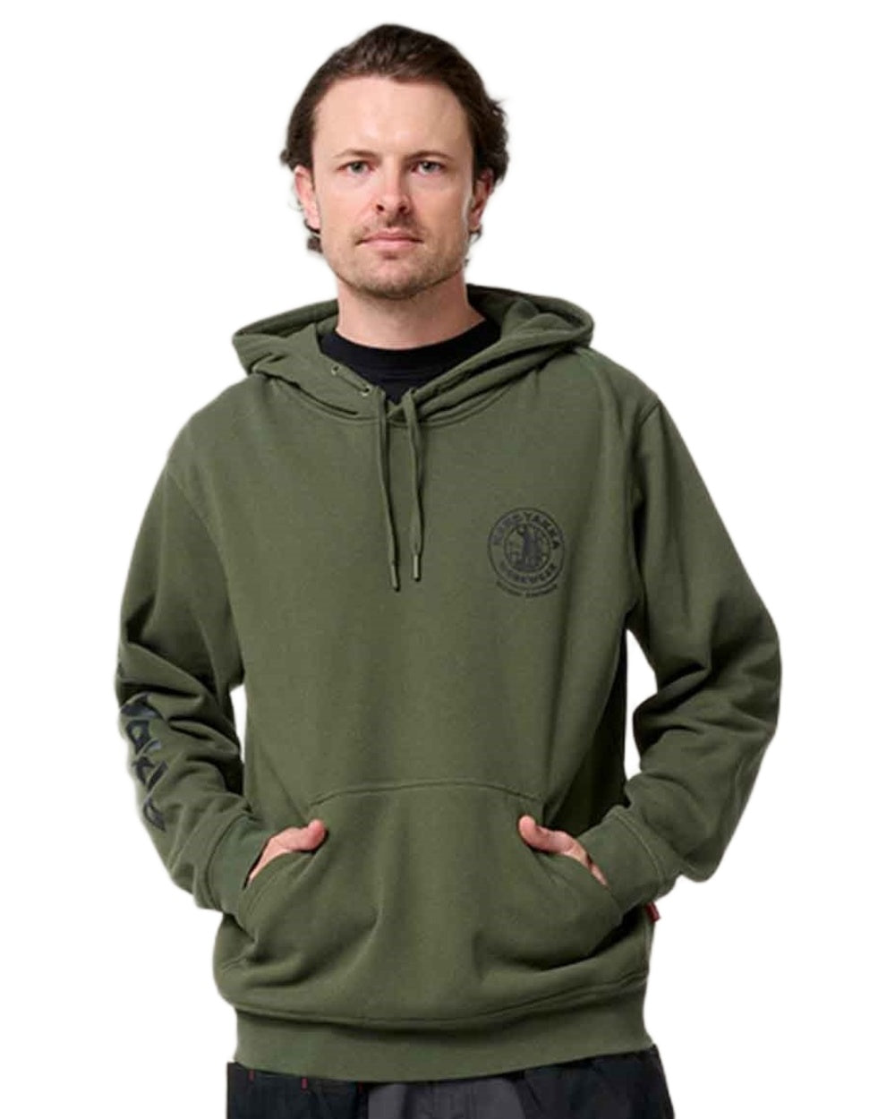 Military Green coloured Hard Yakka Mens Heritage Icon Hoodie on white background 
