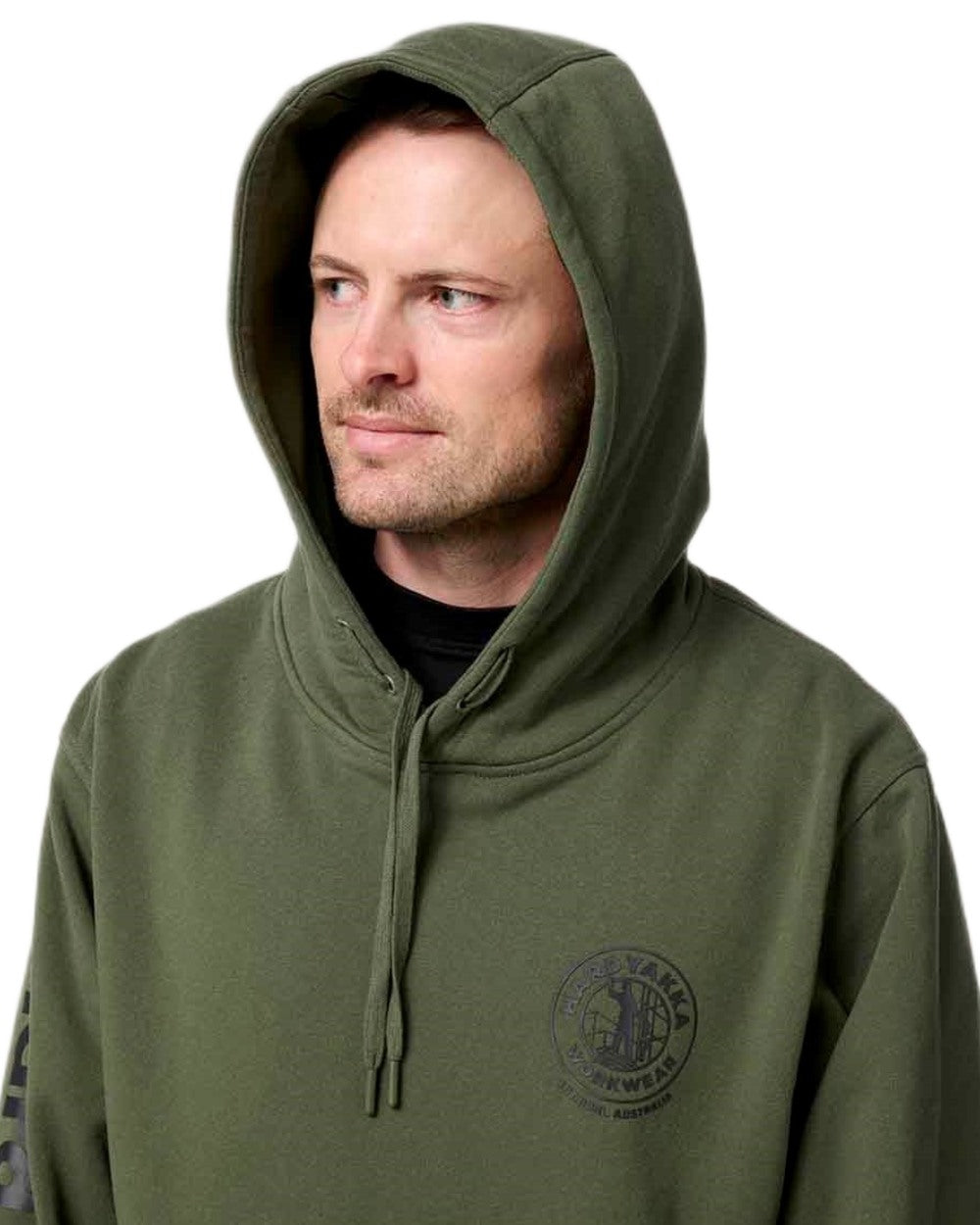 Military Green coloured Hard Yakka Mens Heritage Icon Hoodie on white background 
