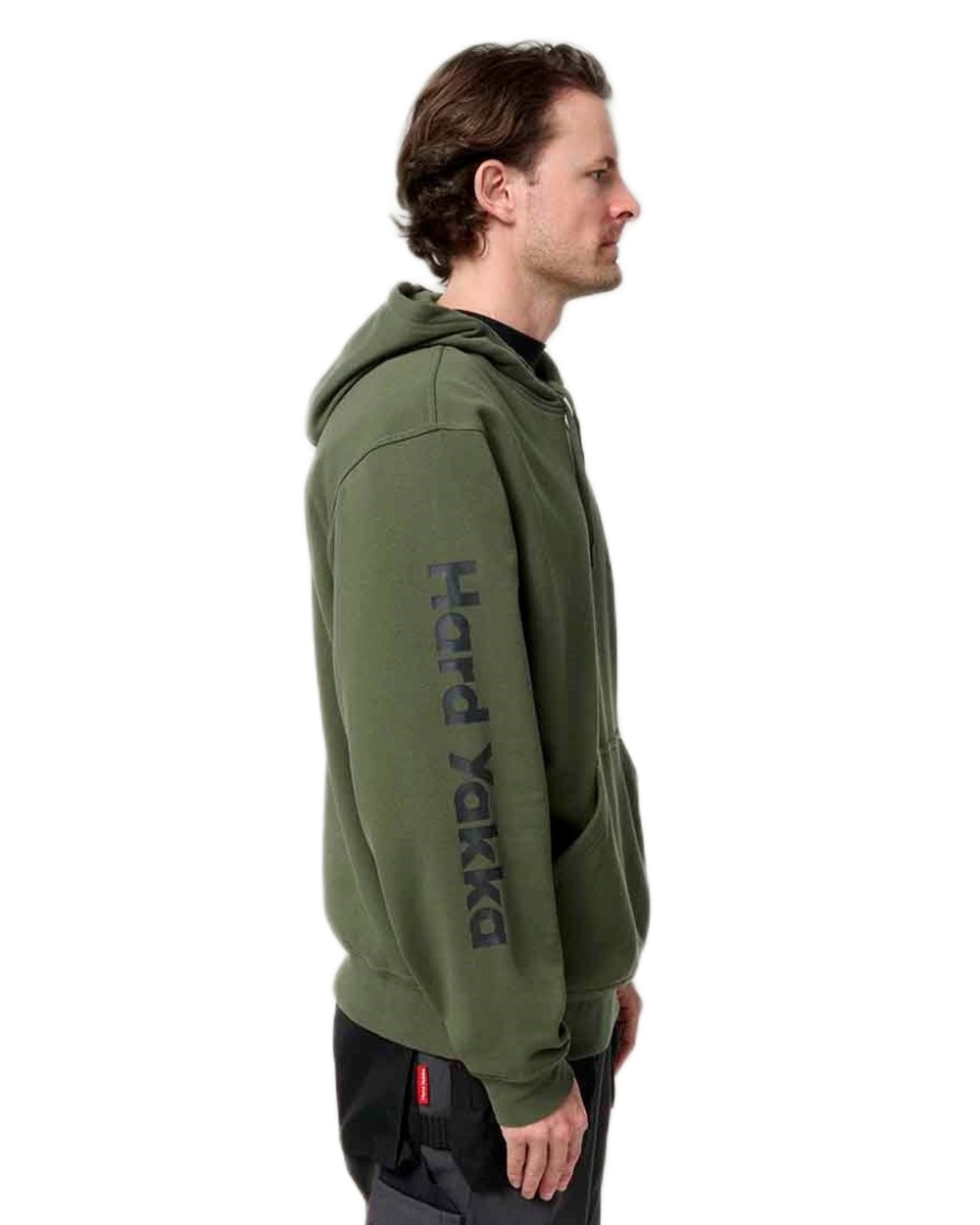 Military Green coloured Hard Yakka Mens Heritage Icon Hoodie on white background 