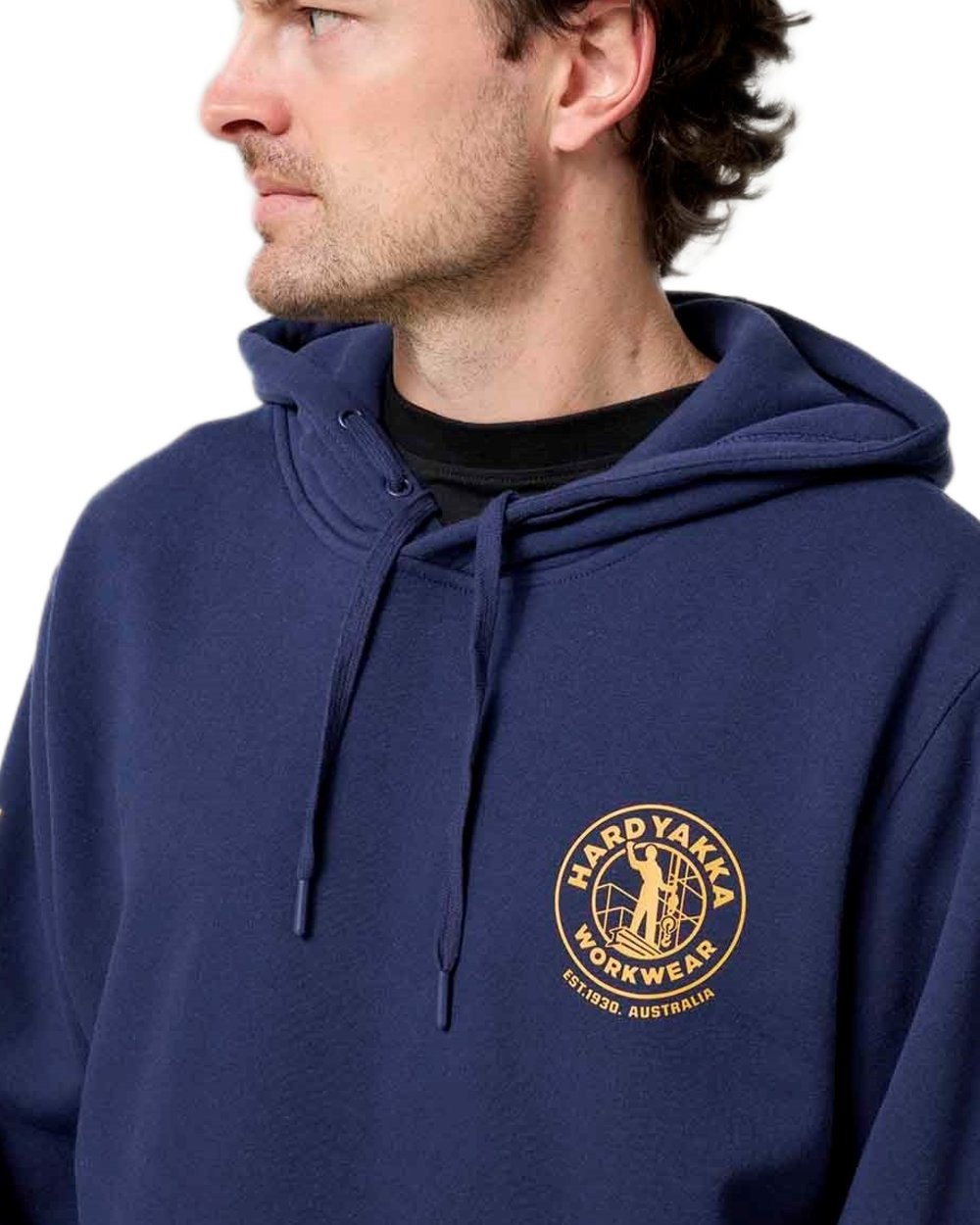 Navy coloured Hard Yakka Mens Heritage Icon Hoodie on white background 