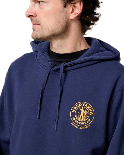 Navy coloured Hard Yakka Mens Heritage Icon Hoodie on white background 