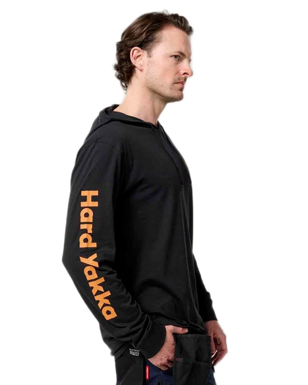 Black coloured Hard Yakka Mens Heritage Icon Lightweight Hoodie on white background 