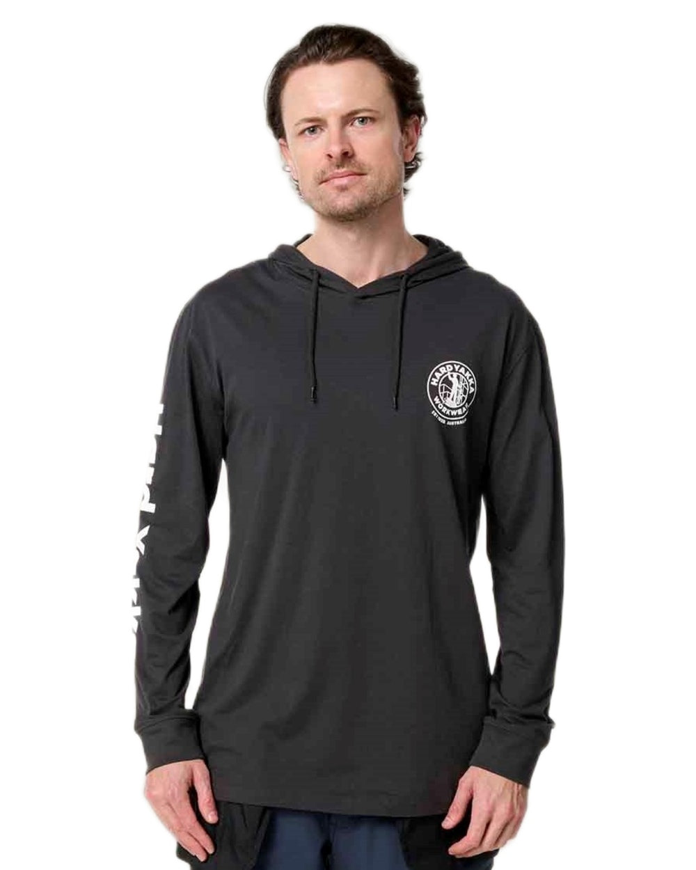 Charcoal coloured Hard Yakka Mens Heritage Icon Lightweight Hoodie on white background 