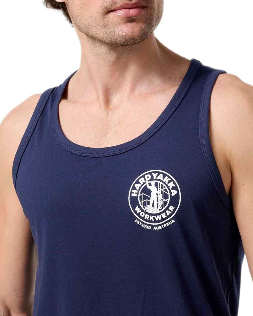 Navy coloured Hard Yakka Mens Heritage Icon Singlet on white background 