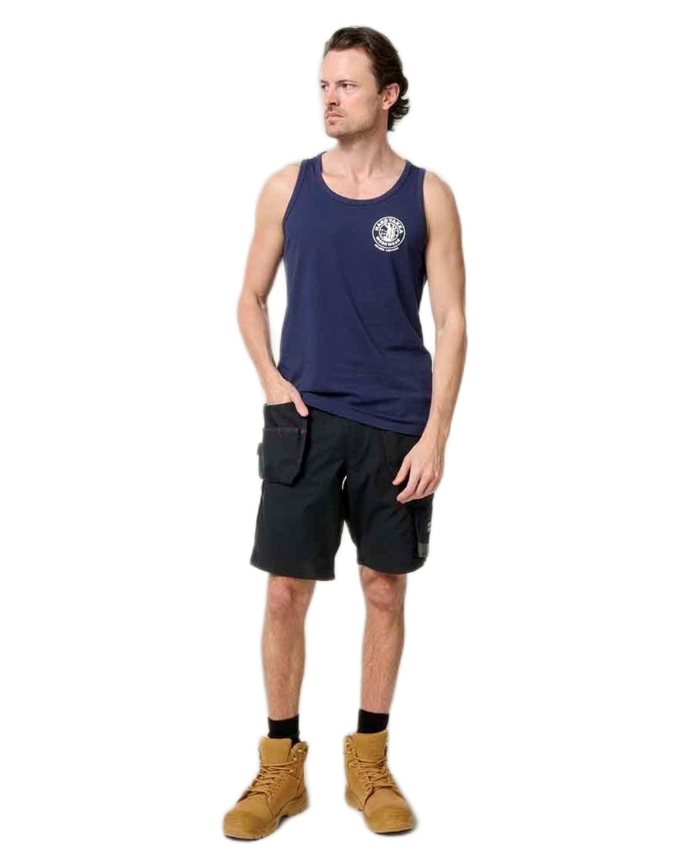 Navy coloured Hard Yakka Mens Heritage Icon Singlet on white background 