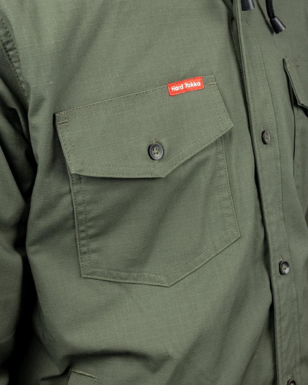 Military Green coloured Hard Yakka Mens Quilted Solid Shacket on white background 