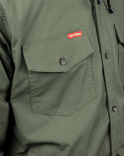 Military Green coloured Hard Yakka Mens Quilted Solid Shacket on white background 