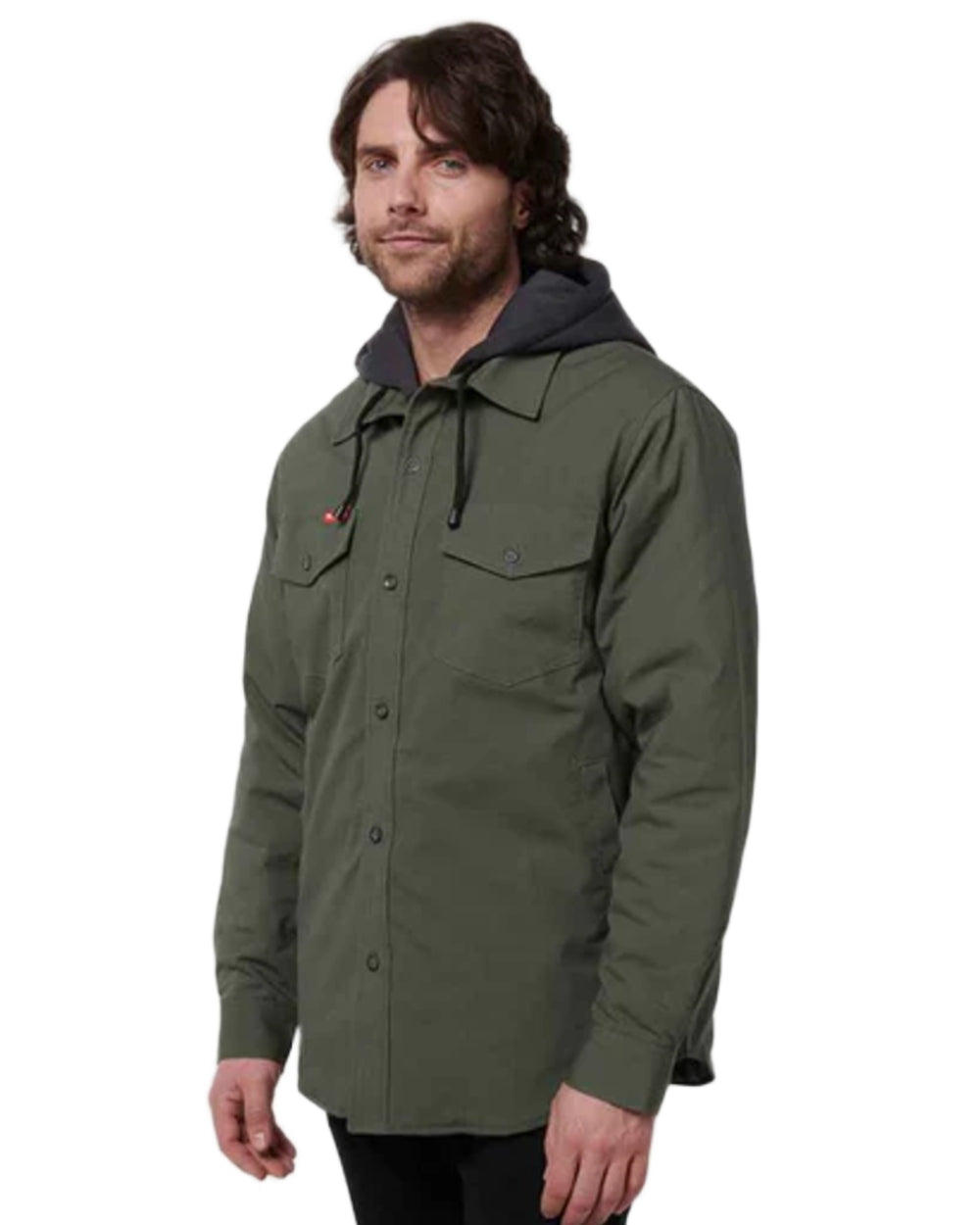 Military Green coloured Hard Yakka Mens Quilted Solid Shacket on white background 