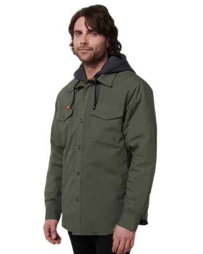 Military Green coloured Hard Yakka Mens Quilted Solid Shacket on white background 