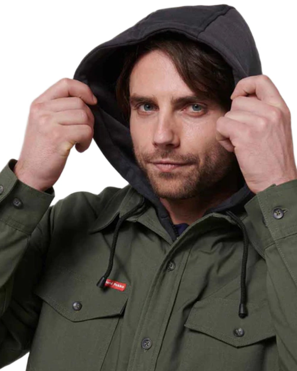 Military Green coloured Hard Yakka Mens Quilted Solid Shacket on white background 