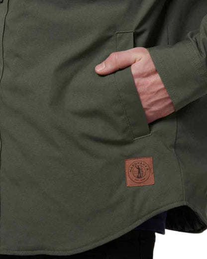 Military Green coloured Hard Yakka Mens Quilted Solid Shacket on white background 