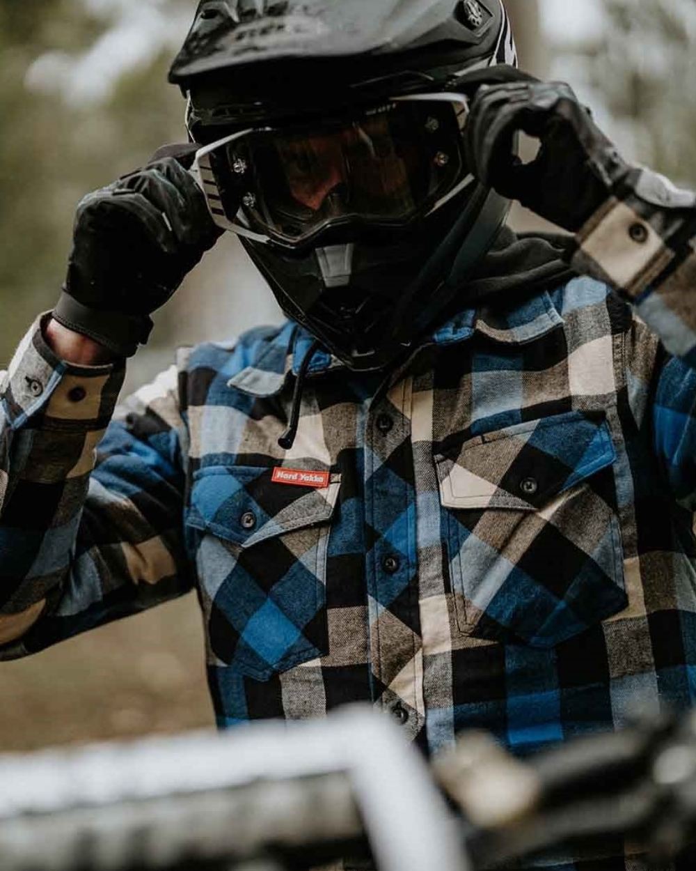Blue Coloured Hard Yakka Mens Quilted Flannel Shacket on Blurry Background 