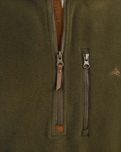 Olive coloured Harehill Varden Quarter Zip Fleece close up of zip detail 