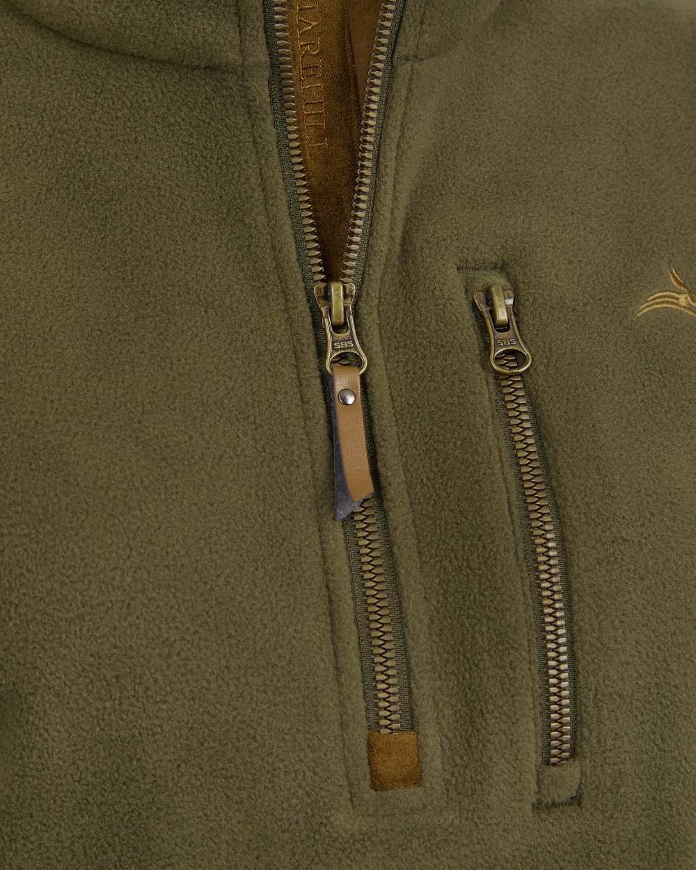 Olive coloured Harehill Womens Varden Fleece Quarter Zip Fleece close up of zip detail 