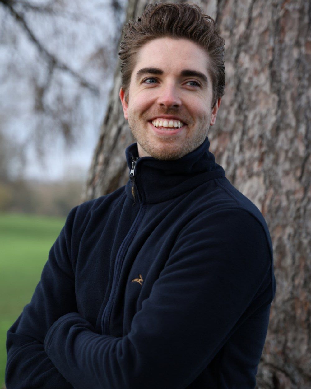 Midnight Coloured Harehill Birtles Fleece Jacket On A Park Background 