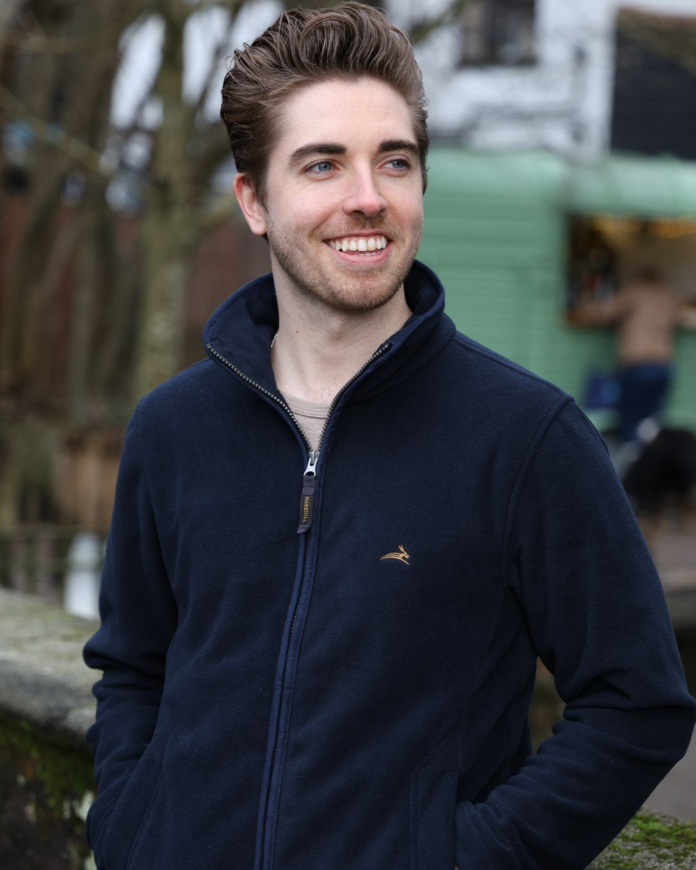 Midnight Coloured Harehill Birtles Fleece Jacket On A Street Background 