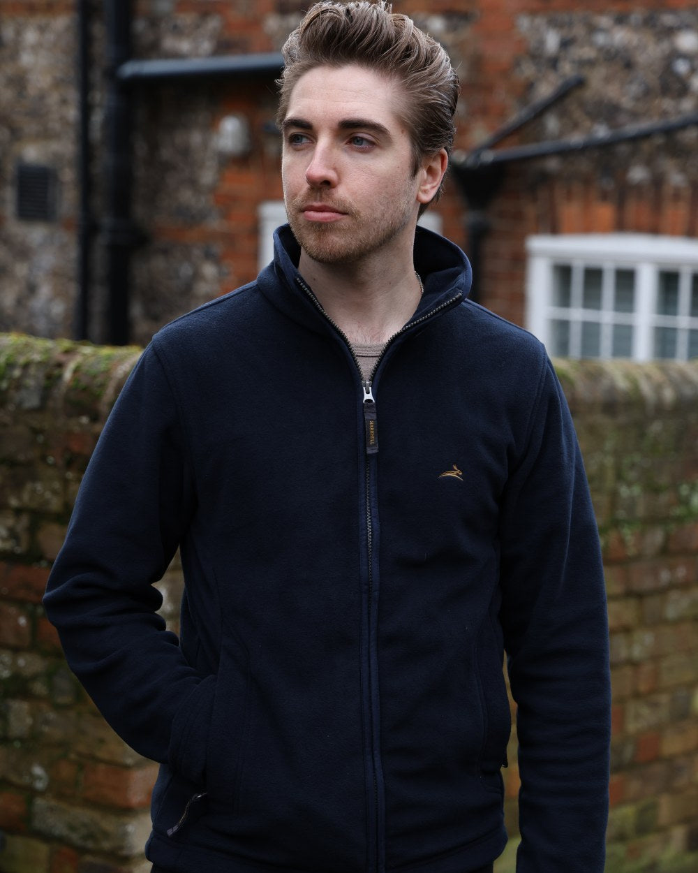 Midnight Coloured Harehill Birtles Fleece Jacket On A Street Background 