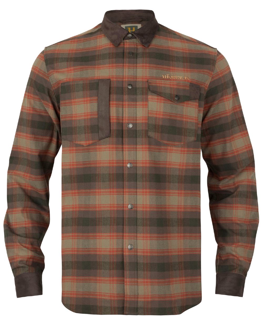 Autumn Orange Check coloured Harkila Aivak Long Sleeved Shirt on white background 