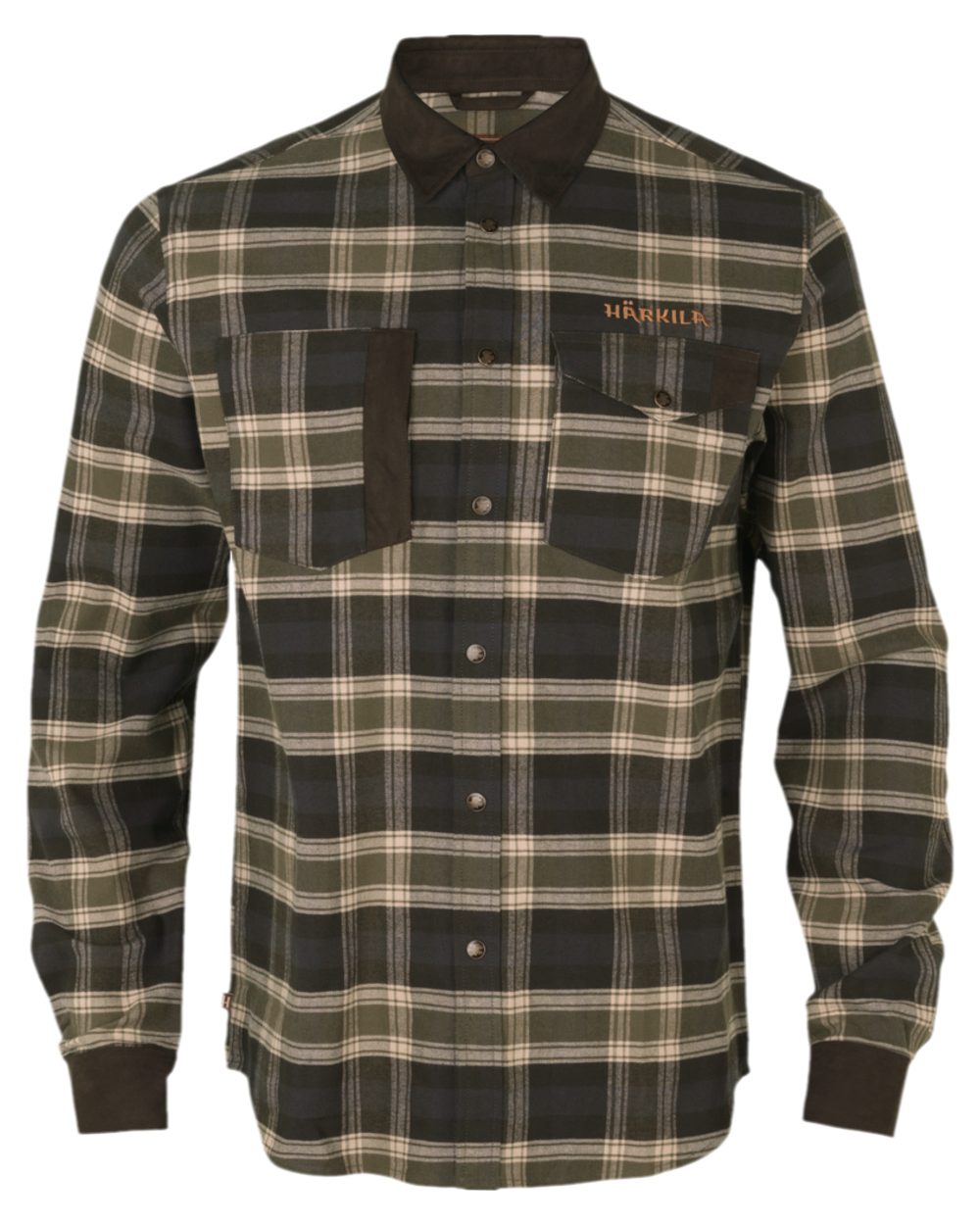 Olive Coloured Harkila Aivak Long Sleeved Shirt on white background 