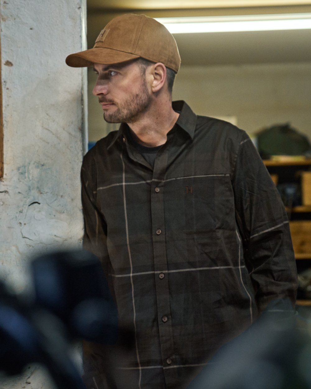 Shadow Brown Check Coloured Harkila Akse Long Sleeve Shirt on outdoor background 