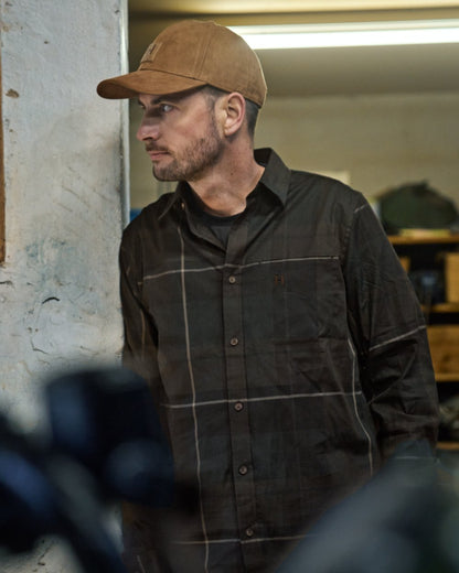 Shadow Brown Check Coloured Harkila Akse Long Sleeve Shirt on outdoor background 