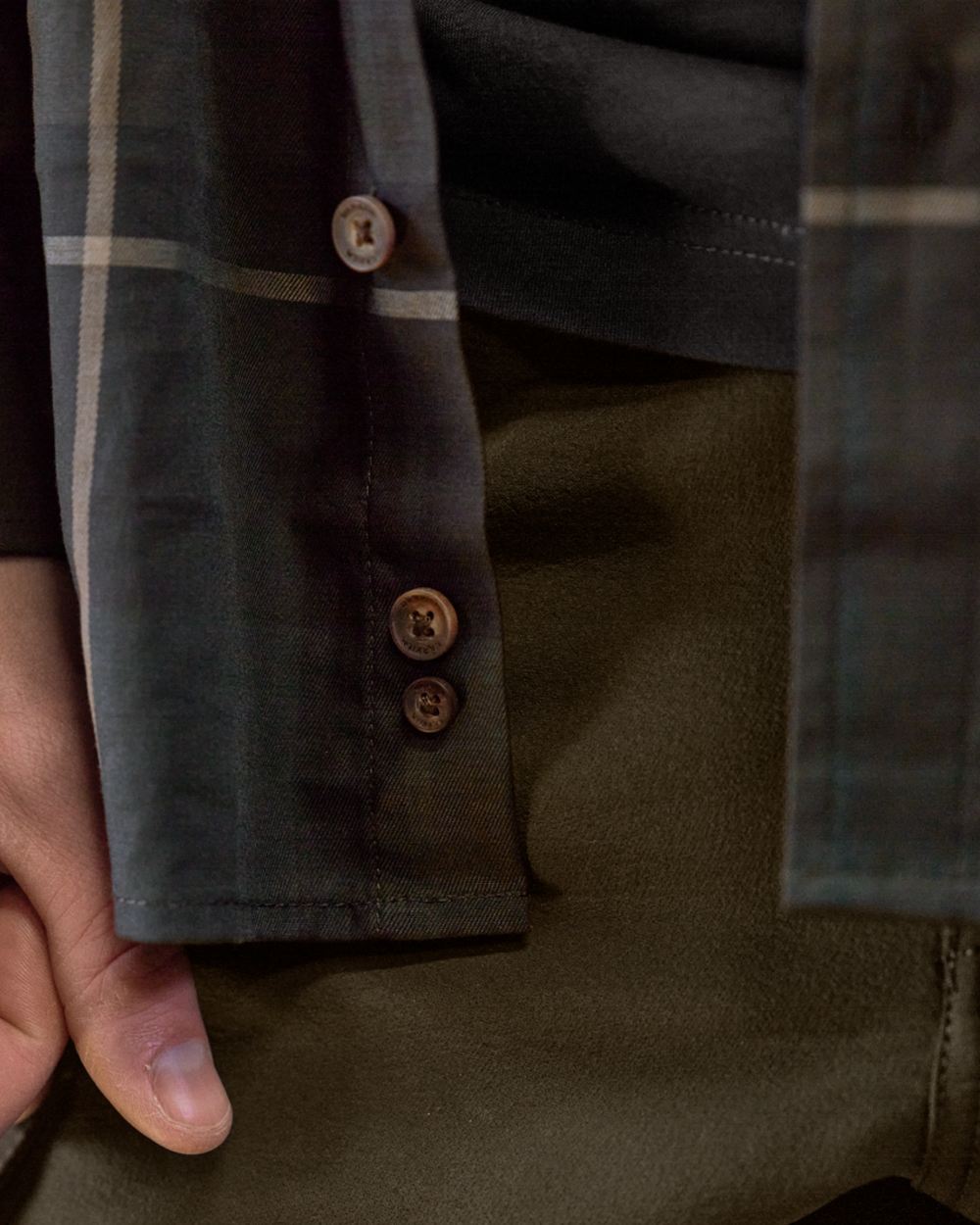 Shadow Brown Check Coloured Harkila Akse Long Sleeve Shirt on outdoor background 