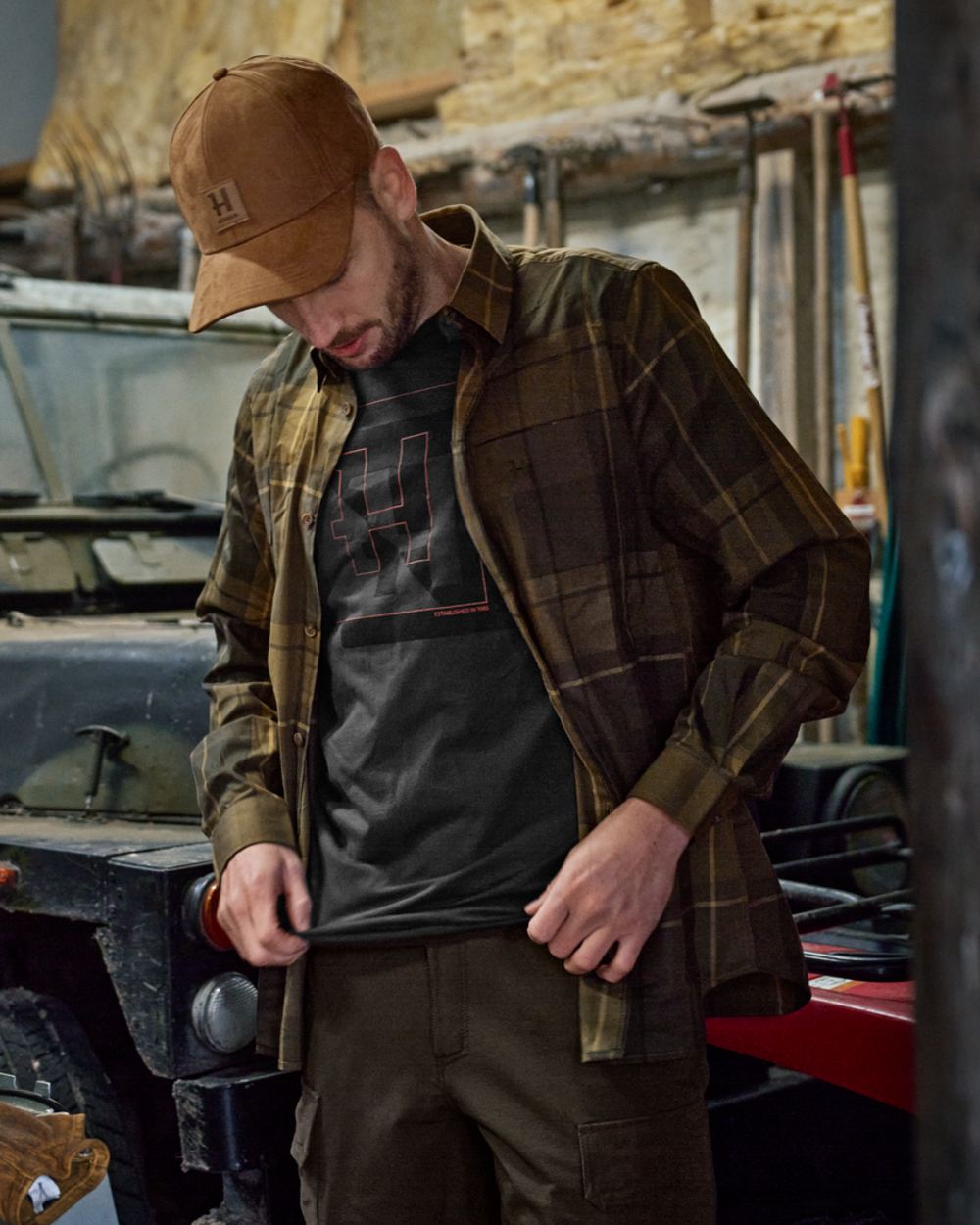 Willow Green Check Coloured Harkila Akse Long Sleeve Shirt on outdoor background 