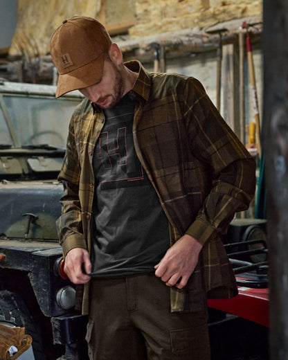 Willow Green Check Coloured Harkila Akse Long Sleeve Shirt on outdoor background 