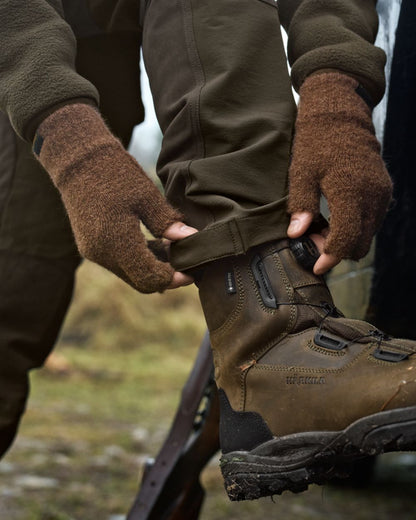 Pinecone Brown Coloured Harkila Alpacka Half Finger Gloves on outdoor background 