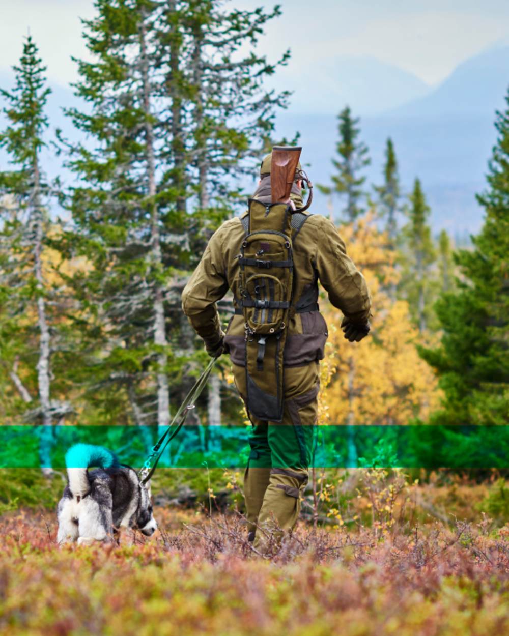 Hunting Green Coloured Harkila Alta Rucksack In Melton Wool on forest background 
