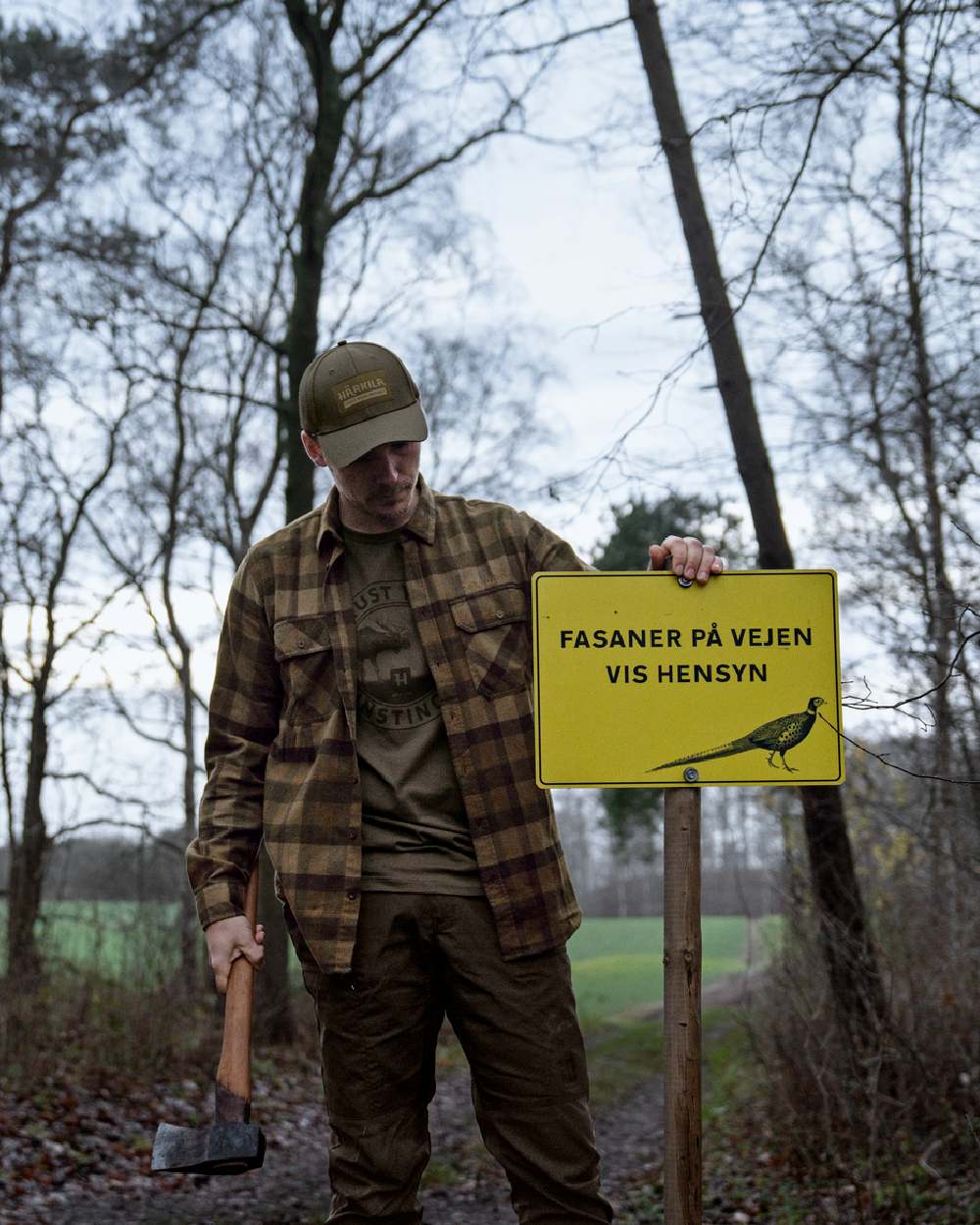 Beech Green Check coloured Harkila Asmund Long Sleeve Shirt on woodland background 