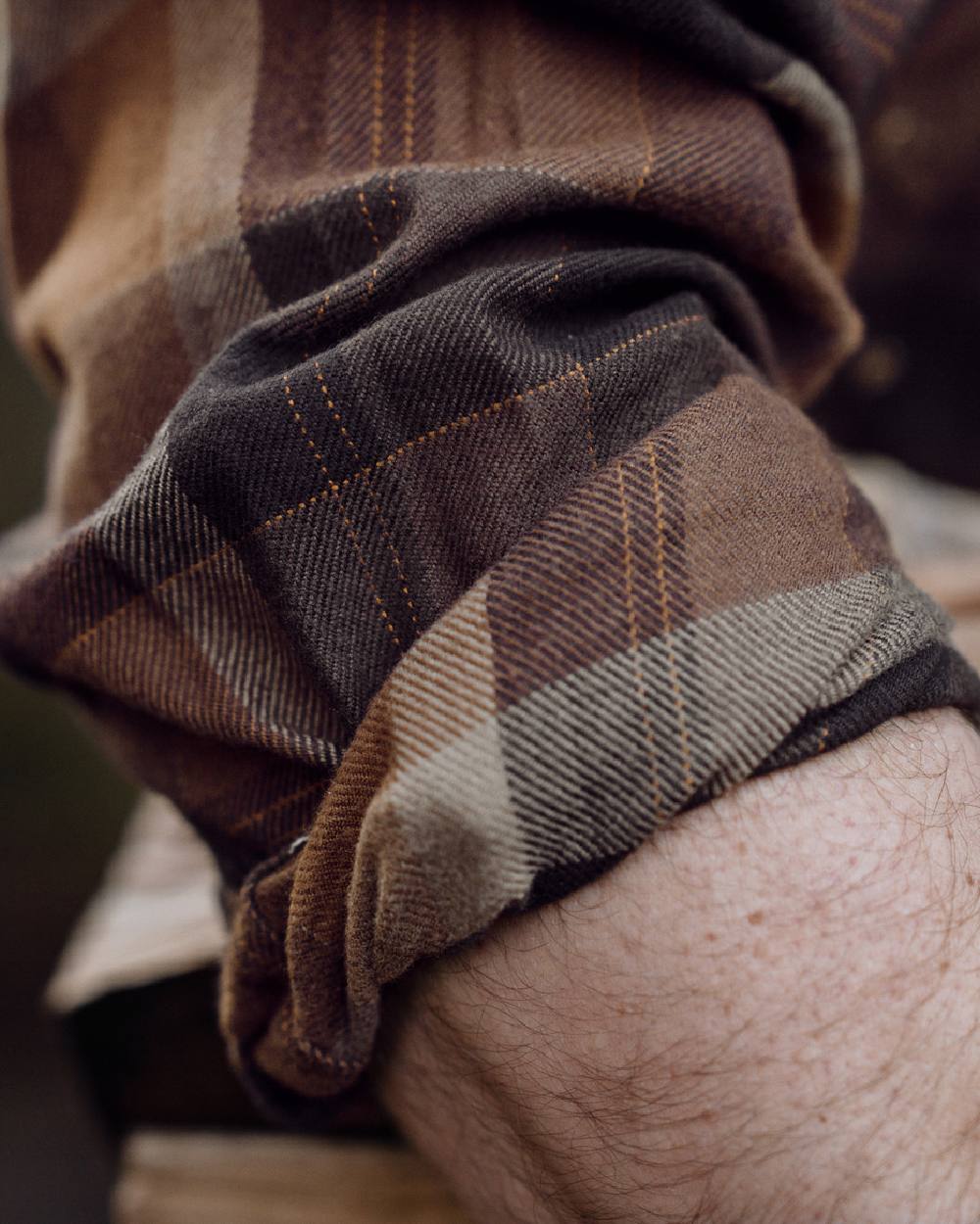 Rust Brown Check coloured Harkila Asmund Long Sleeve Shirt sleeve close up 