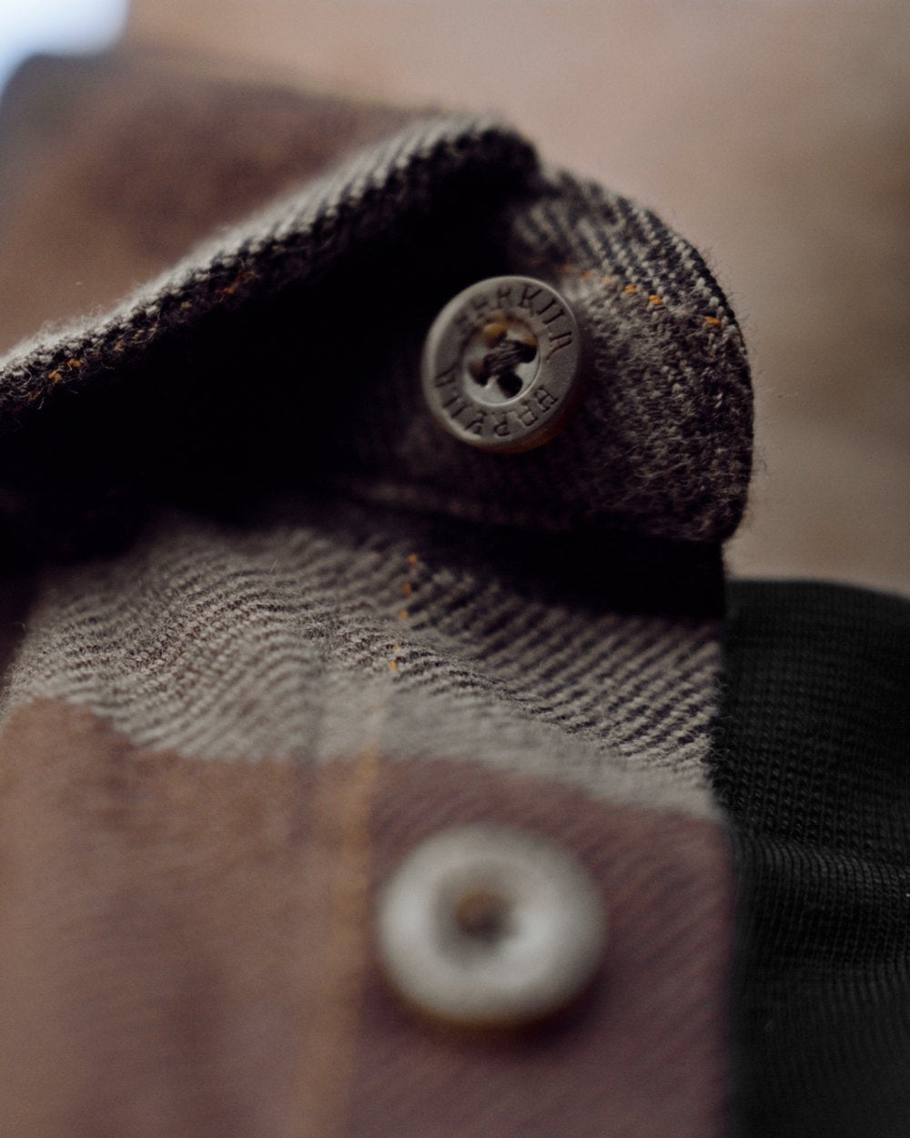 Rust Brown Check coloured Harkila Asmund Long Sleeve Shirt collar close up 