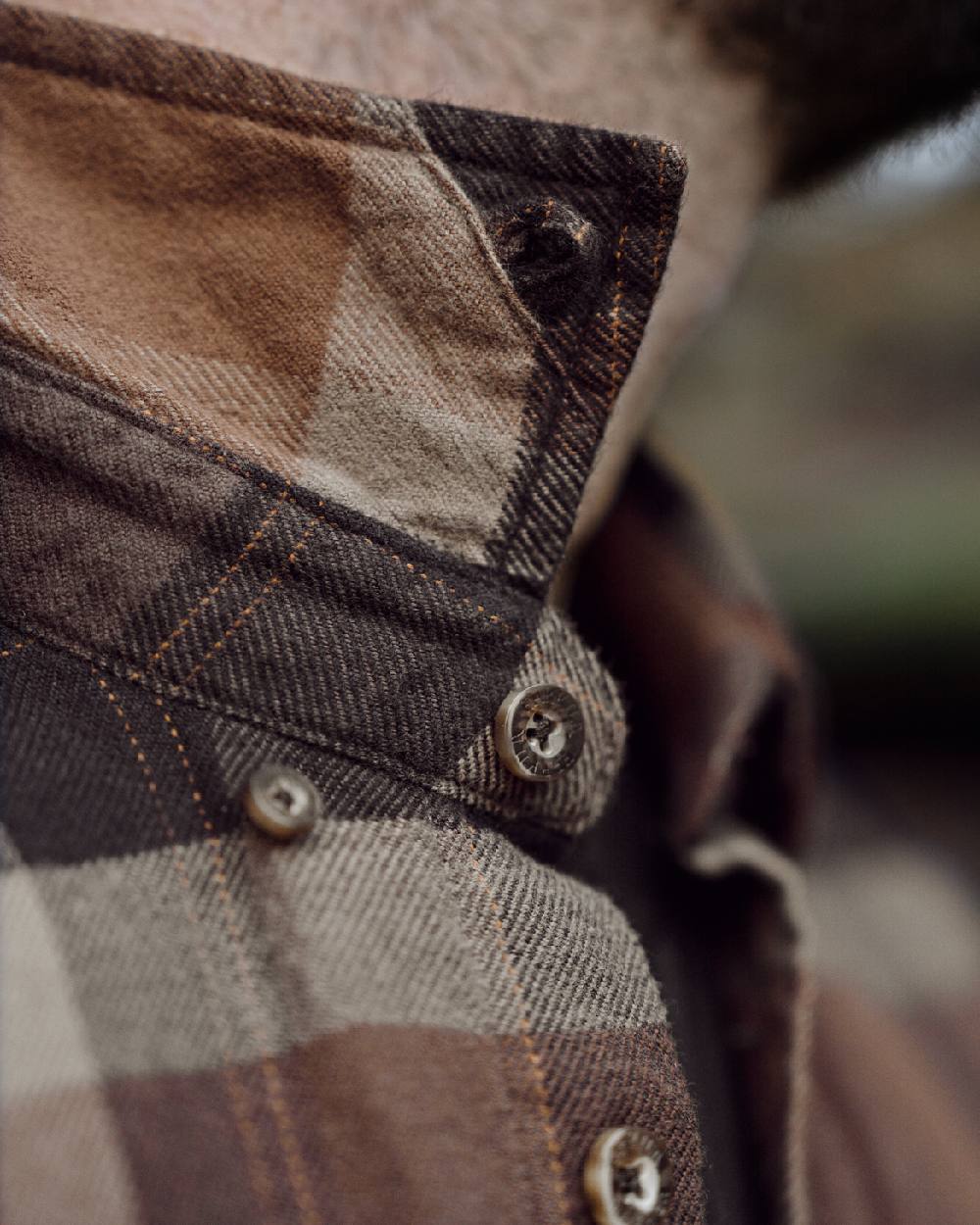 Rust Brown Check coloured Harkila Asmund Long Sleeve Shirt collar close up 