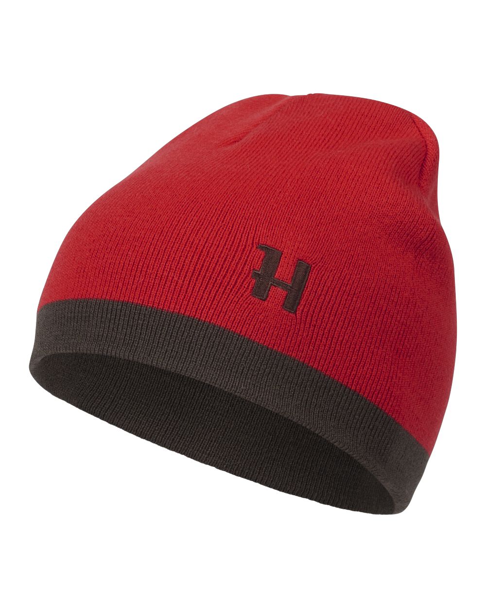 Shadow Brown Red Coloured Harkila Aspire Reversible Beanie on white background 