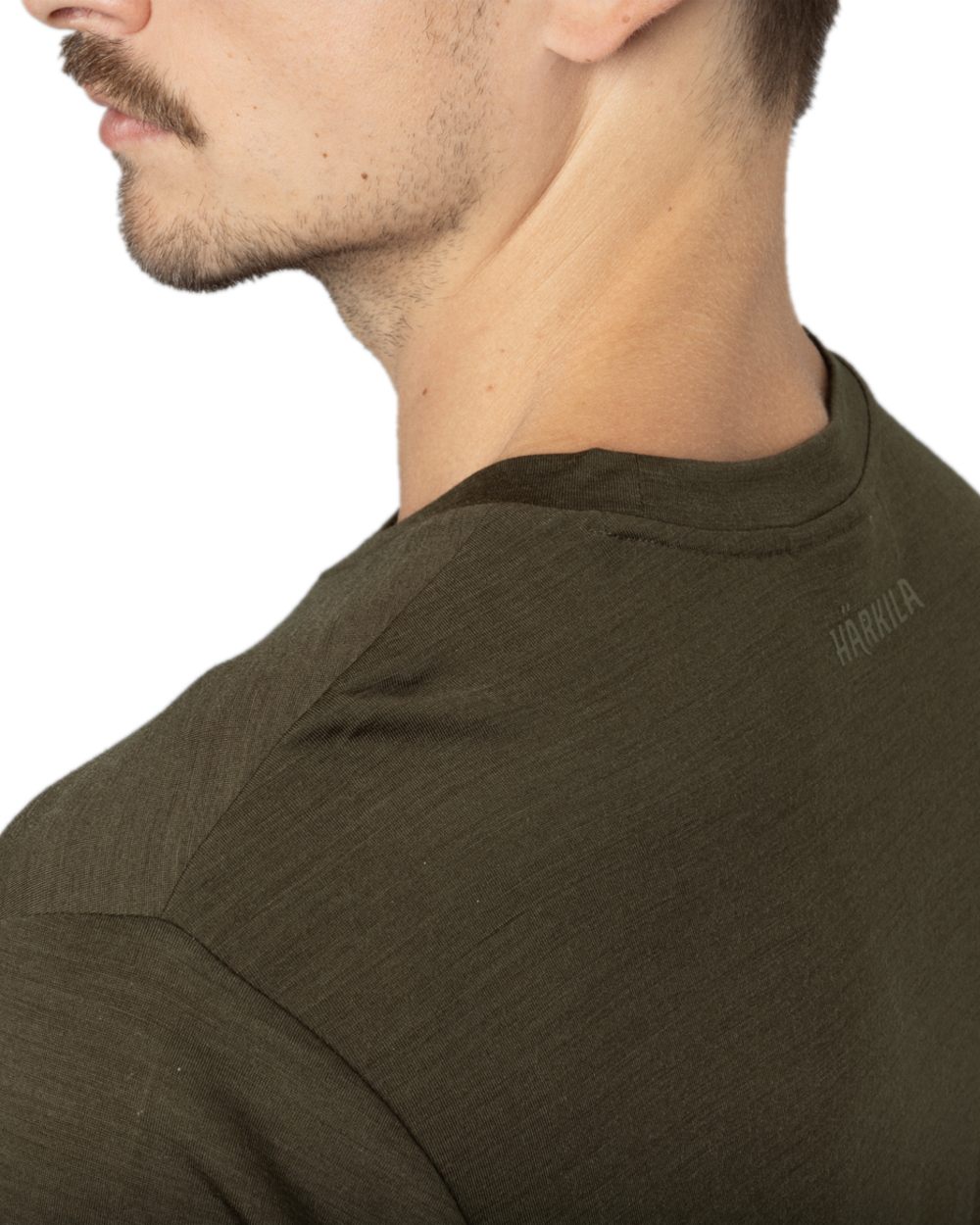 Willow Green Coloured Harkila Base All Season Short Sleeve T-Shirt on white background 