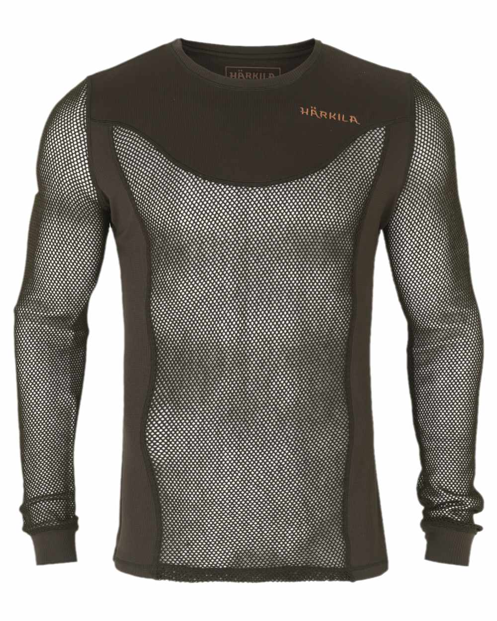Shadow Brown Coloured Harkila Base Mesh Crew Neck on white background 