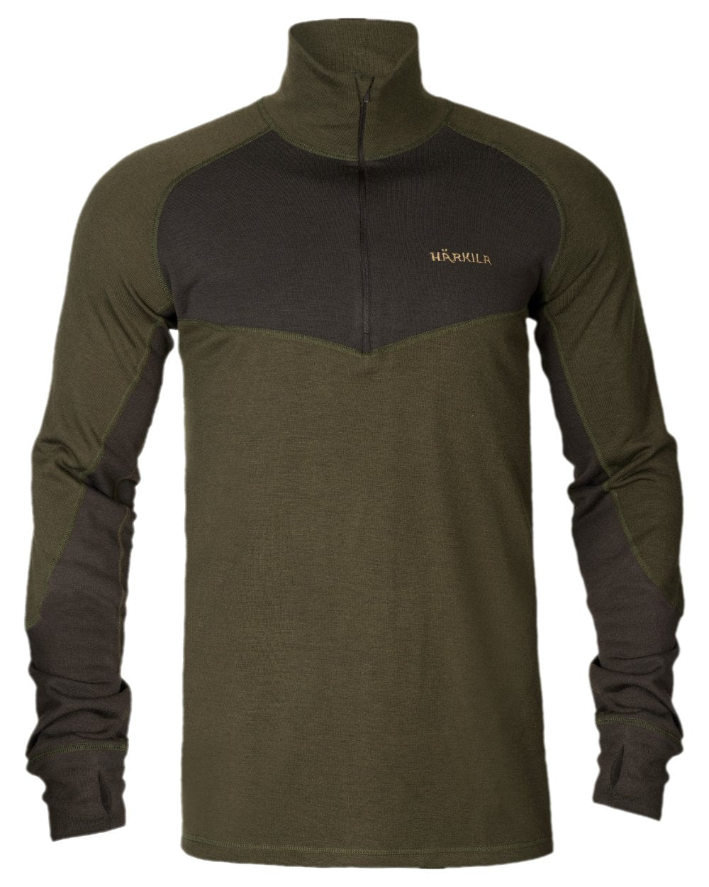 Willow Green Shadow Brown Coloured Harkila Base Warm Zip Neck on white background 