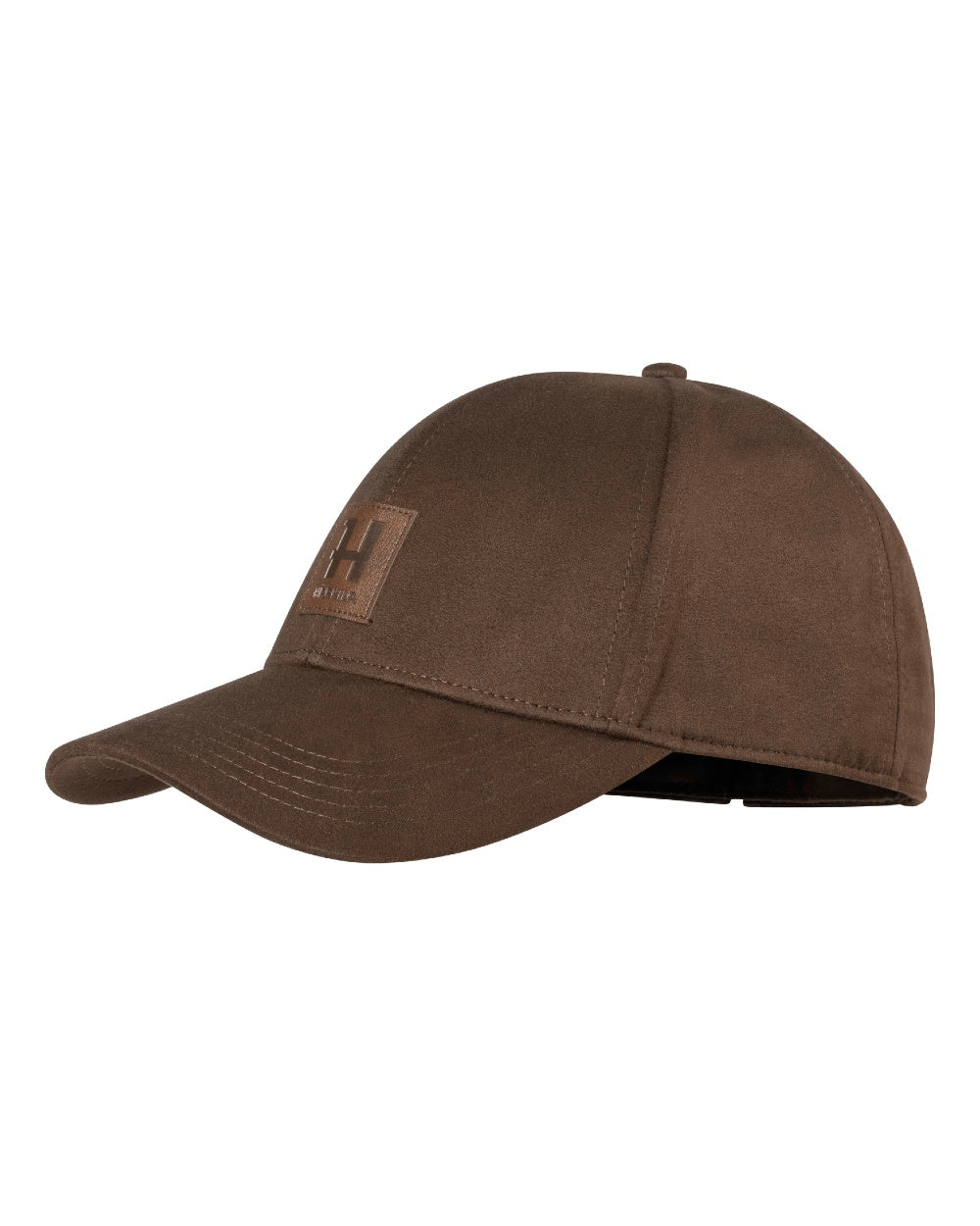 A brown baseball cap with a curved brim and a small rectangular logo patch on the front, shown against a plain white background. 