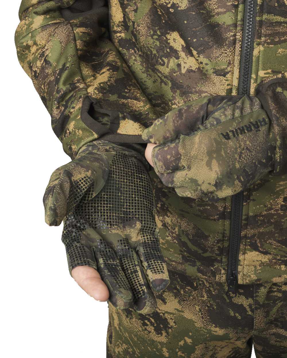 Axis Forest coloured Harkila Deer Stalker Camo Mesh Gloves on white background 