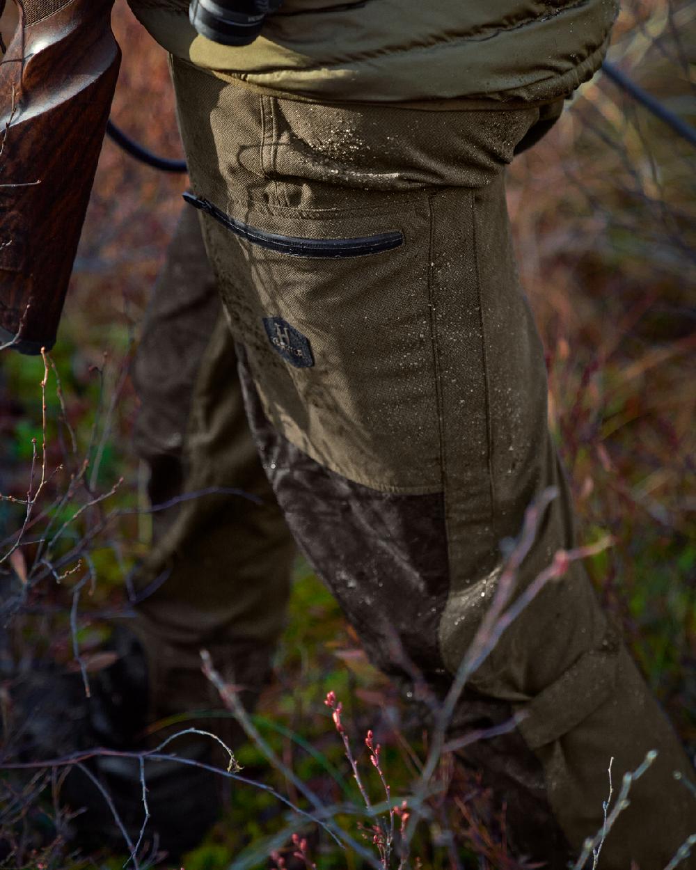 Willow Green Shadow Brown Coloured Harkila Driven Hunt HWS Leather Trousers on forest background 