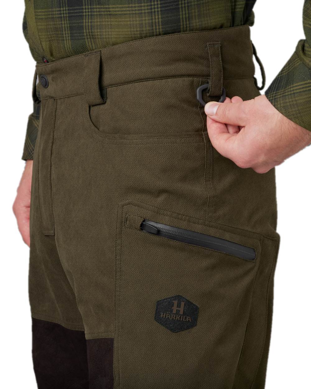 Willow Green Shadow Brown Coloured Harkila Driven Hunt HWS Leather Trousers on white background 