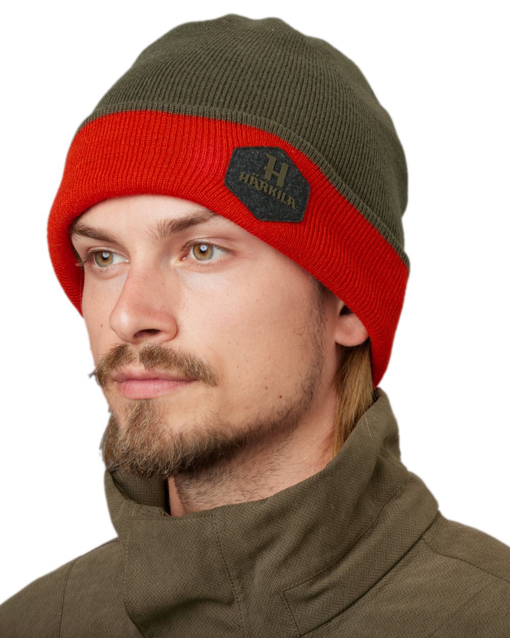 Willow Green Coloured Harkila Driven Hunt Reversible Beanie on white background 