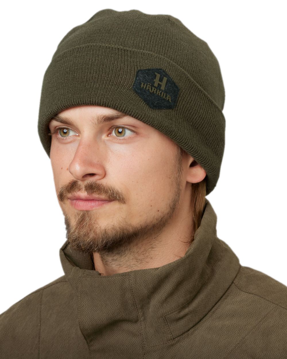 Willow Green Coloured Harkila Driven Hunt Reversible Beanie on white background 