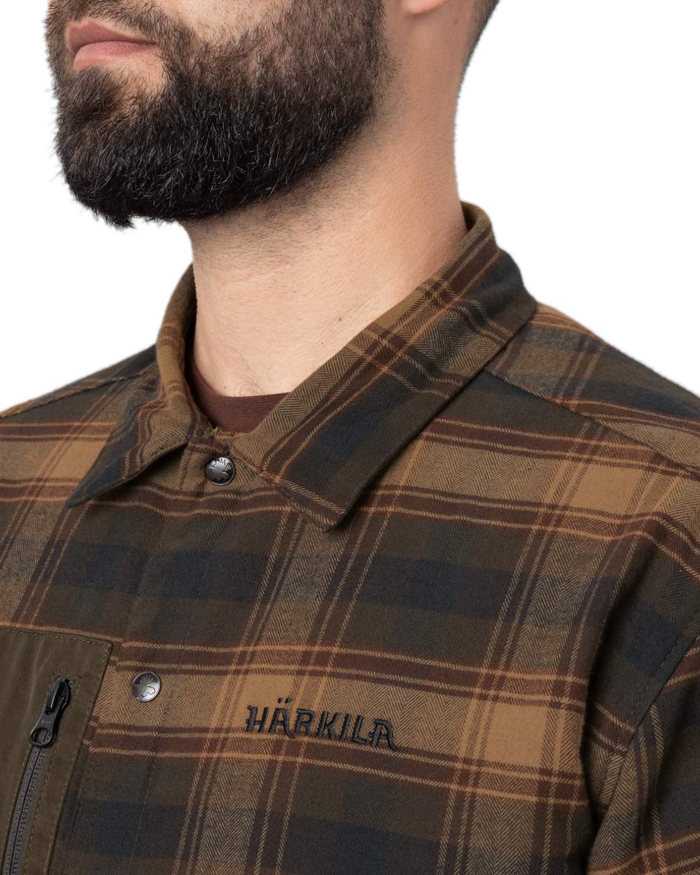 Dark Warm Olive Burgundy Coloured Harkila Eirik Reversible Shirt Jacket on white background 