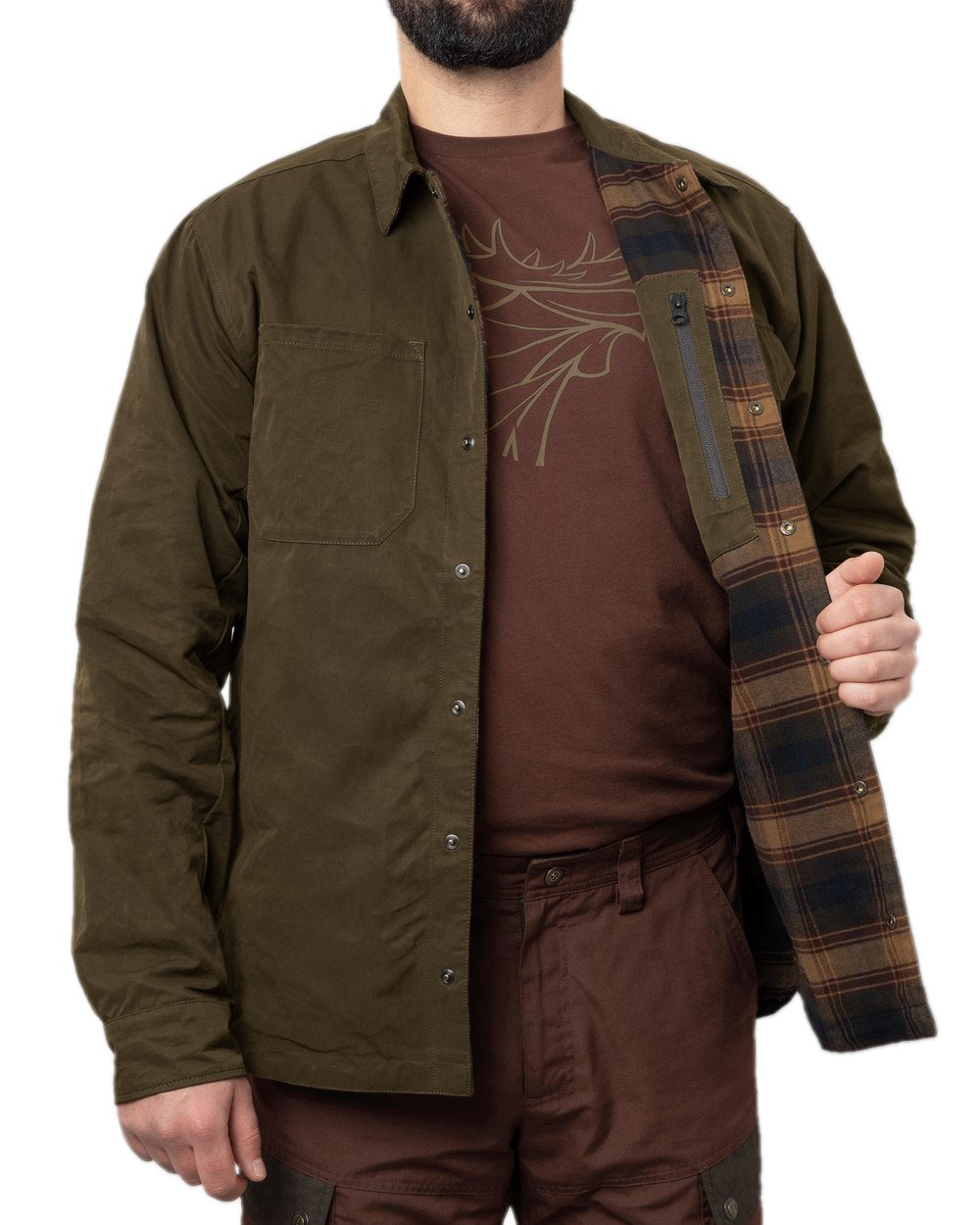 Dark Warm Olive Burgundy Coloured Harkila Eirik Reversible Shirt Jacket on white background 
