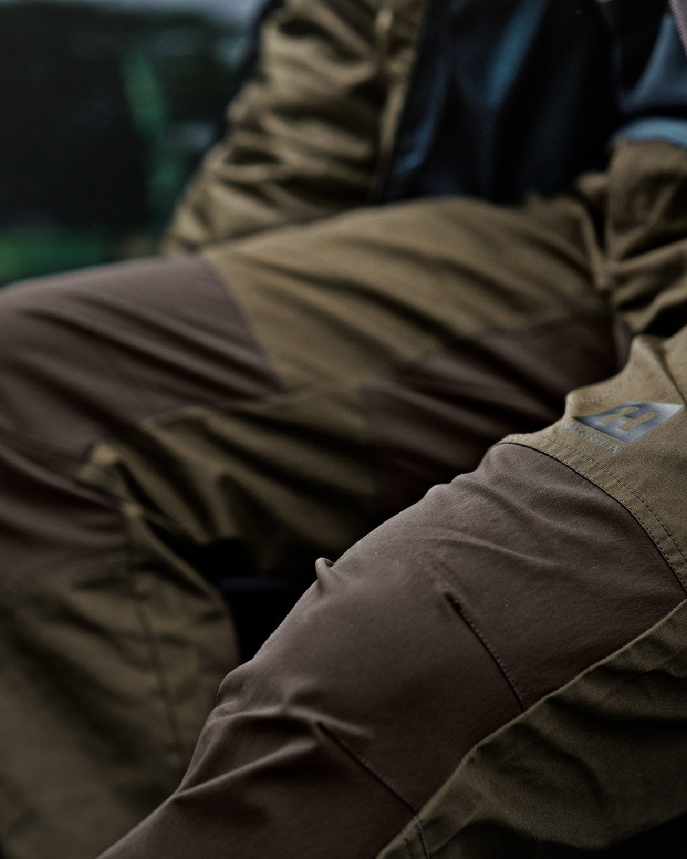 Willow Green Shadow Brown Coloured Harkila Fjell Trousers on blurry background 
