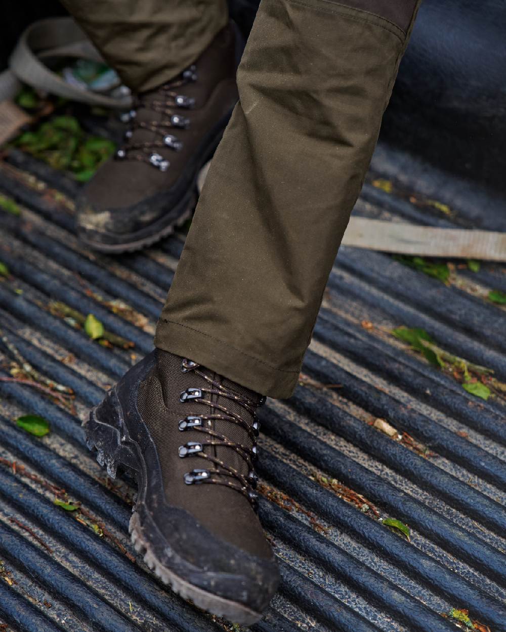 Willow Green Shadow Brown Coloured Harkila Fjell Trousers on outdoor background 