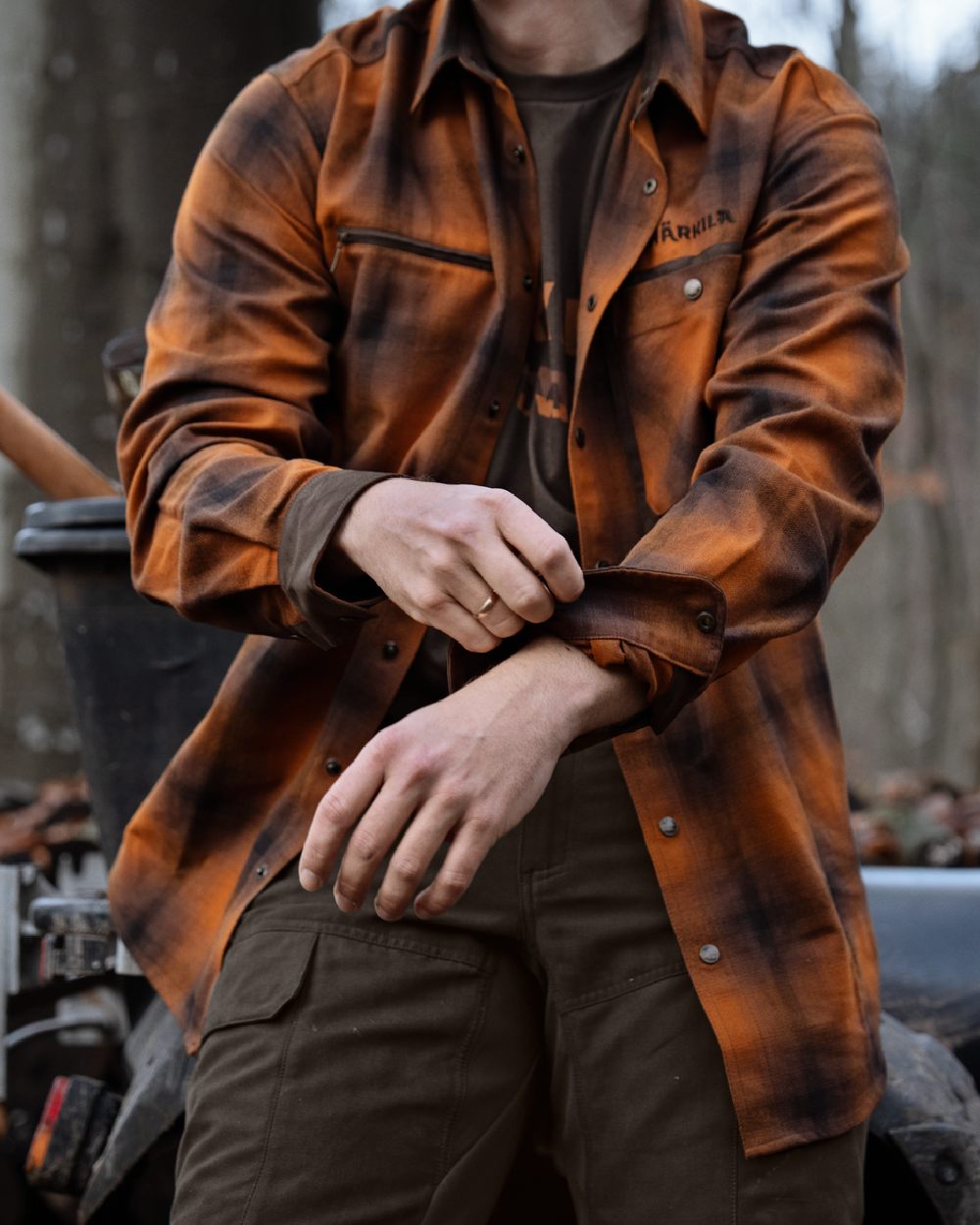 Maple Check coloured Harkila Folke Long Sleeve Shirt on woodland background 